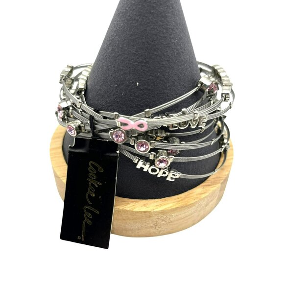 Cookie Lee Bracelet Set Bangle Breast Cancer Awareness Silver Tone HOPE LOVE NEW - Picture 3 of 8